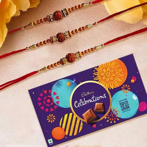 Exciting Rudraksha Rakhi Trio with Cadbury Celebration Gift Pack