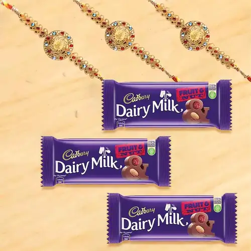 Designer Rakhi with Cadbury Fruit n Nut Chocolates Bar Trio