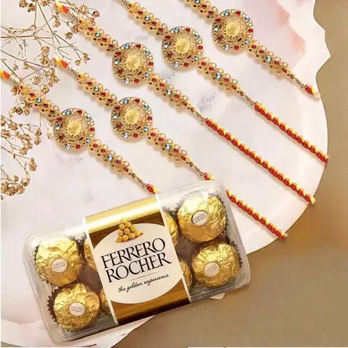 Fabulous Rakhi Set of 5 with 16 pcs Ferrero Rocher Chocolates