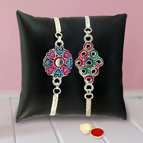 An Elegant Silver Plated Twin  Rakhi set with Roli Tilak and Chawal