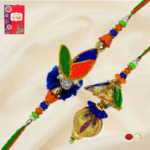 Beautiful Zardozi Design Rakhi Lumba Set for Bhaiya Bhabhi with Message Card N Roli Teeka N Chawal