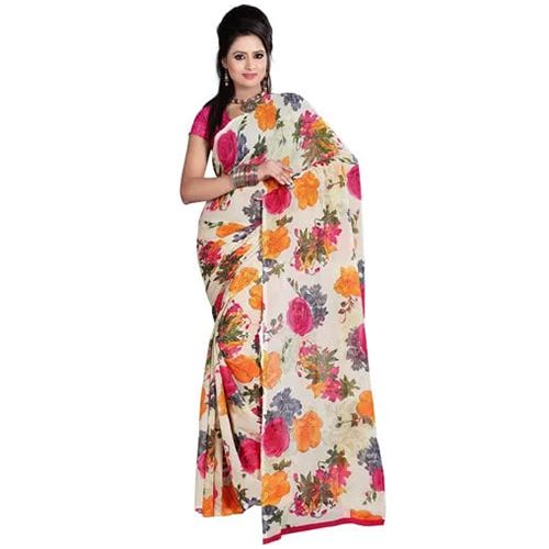 Appealing Dani Georgette Printed Saree in Off White and Pink Colour