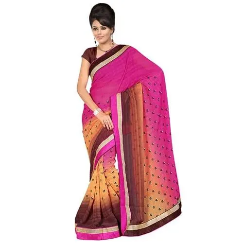 Outstanding Gorgettee Printed Saree in Shades of Pink, Chrome and Brown