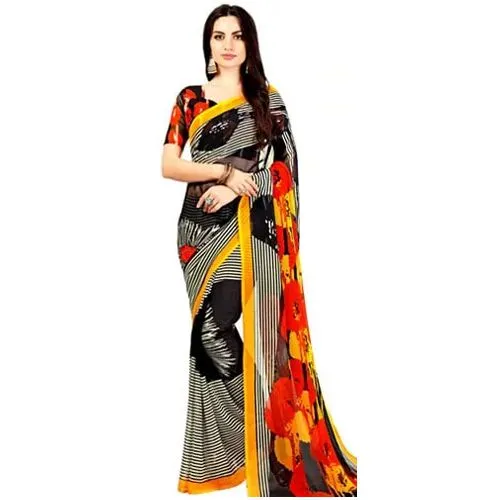 Outstanding Black Color Marble Chiffon Printed Sari for Women