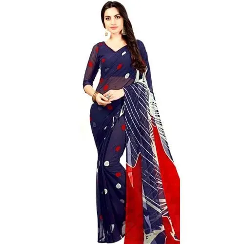 Sizzling Polka Dot Print Chiffon Sari in Red and Navy Blue Color