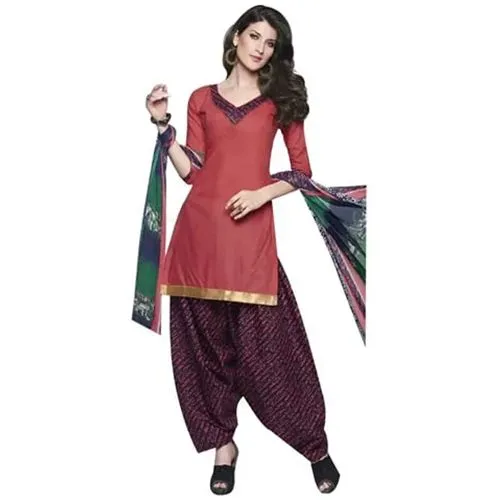 Exciting Pink and Blue Coloured Cotton Printed Patiala Suit