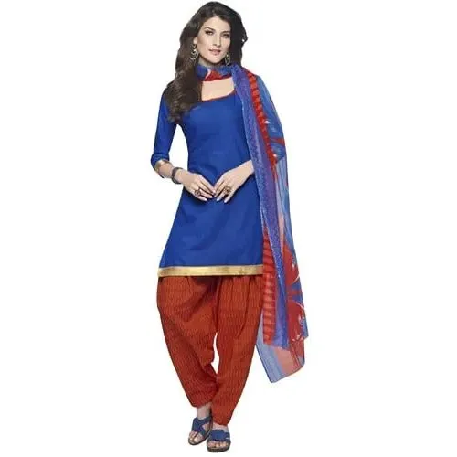 Admirable Blue and Red Coloured Cotton Printed Patiala Suit