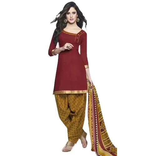 Admirable Red and Yellow Coloured Cotton Printed Patiala Suit