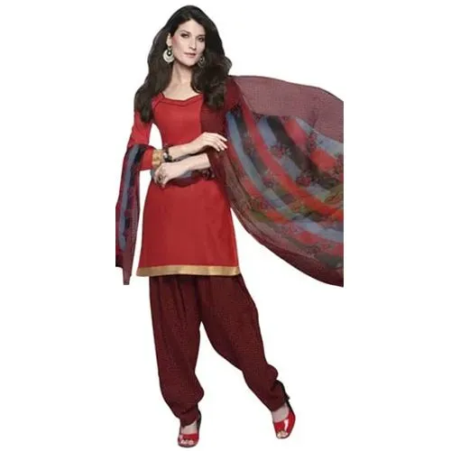 Glamorous Red and Maroon Coloured Cotton Printed Patiala Suit