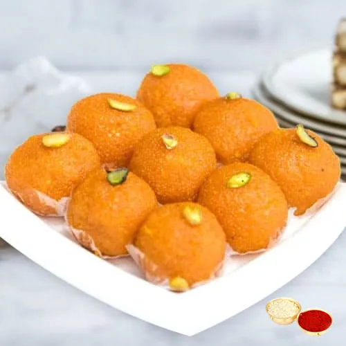 Motichur Ladoo  from Haldiram with free Roli Tilak and Chawal.