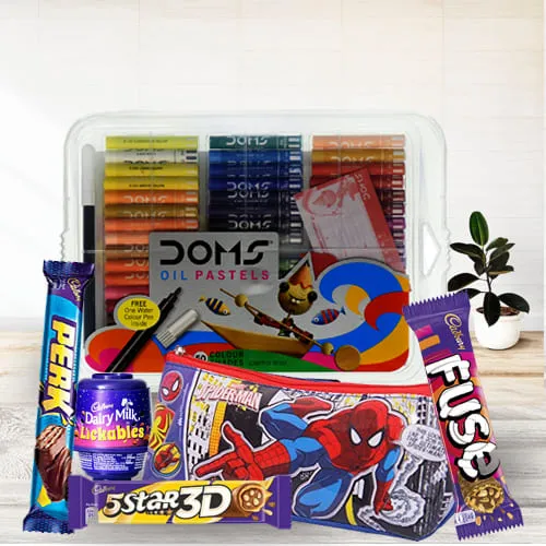 Exclusive Spiderman Kids Stationery, Color Set n Chocolates Combo