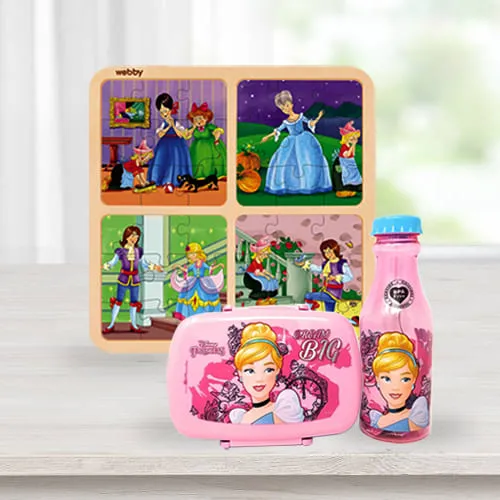 Exclusive Disney Cinderella Lunch Box n Water Bottle with Wooden Puzzle Combo