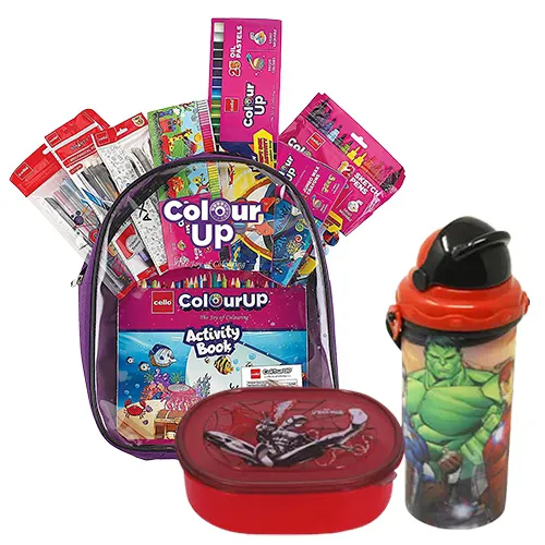 Remarkable Trio of Water Bottle with Lunch Box N Coloring Set for Kids