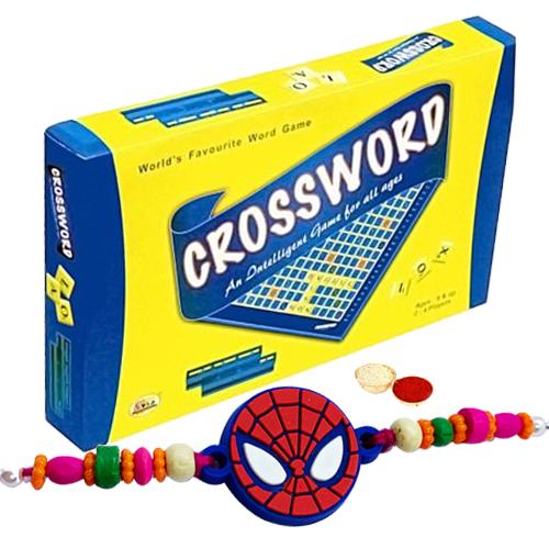 Delightful Crossword Board Game with Spider Man Rakhi and Roli Tilak and Chawal.
