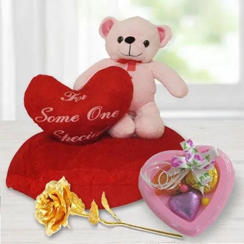 Eye-Catching Eric on Heart Love Teddy with a Golden Rose and 3 Pcs Heart Shape Chocolates