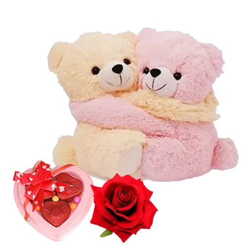 Buy Hugging Couple Teddy with Rose and Homemade Chocolates