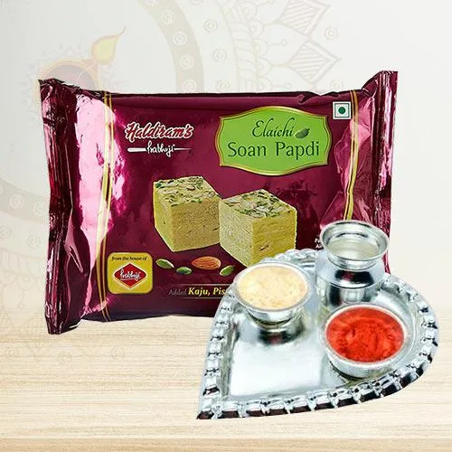 Delightful Gift of Paan Shape Puja Thali with Bikaji Soan Papdi