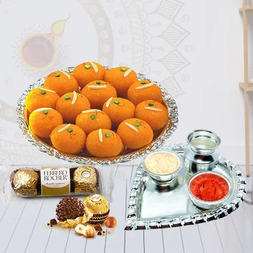 Attractive Combo of Ladoo with Ferrero Rocher N Pooja Thali