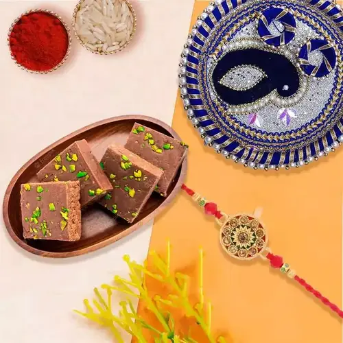 Irresistible Gift of Chocolate Burfi with Rakhi Thali and Rakhi