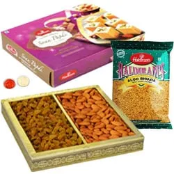 Exquisite Rakhi Special Gift of Soan Papdi and Aloo Bhujia from Haldiram with Sugar Coated Almonds N Raisins