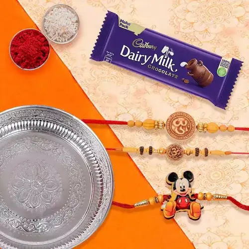 Silver Plated Rakhi Thali with 2 Om Rakhi, 1 Kids Rakhi and 1 Dairy Milk 95 gr