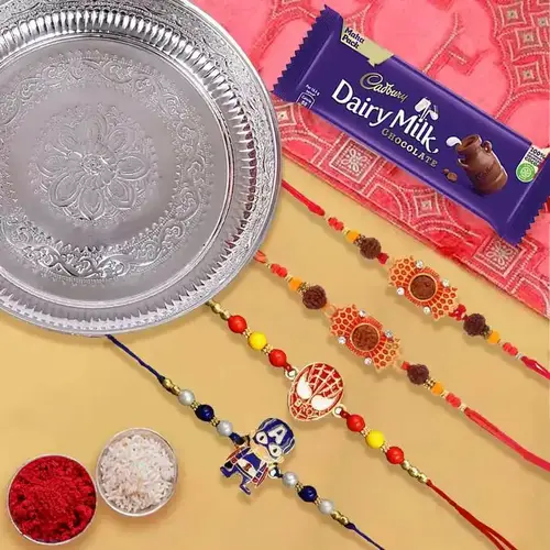 Silver Plated Rakhi Thali with 2 Om Rakhi, 2 Kids Rakhi and 1 Dairy Milk