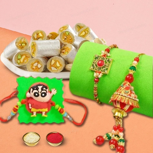 Mesmerizing Rakhi with Kaju Pista Roll Gift Set