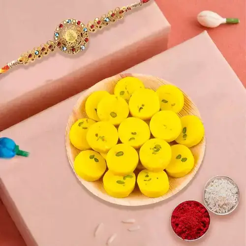 Impressive One Rakhi with Delisious Kesar peda of 500 gm