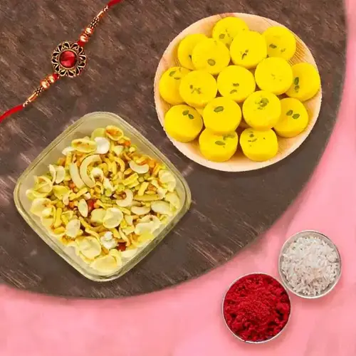 Kesar Peda With Mix Namkeen And Elegant Rakhi