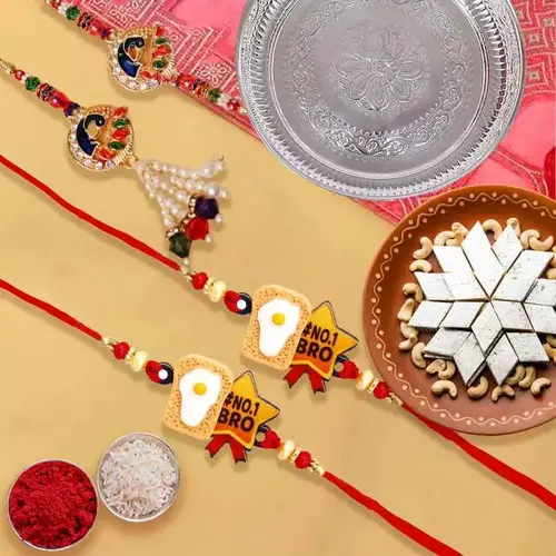 Irresistible Kaju Katli with One Bhaiya Bhabhi Rakhi Set and 2 Kids Rakhi in 1 Puja Thali