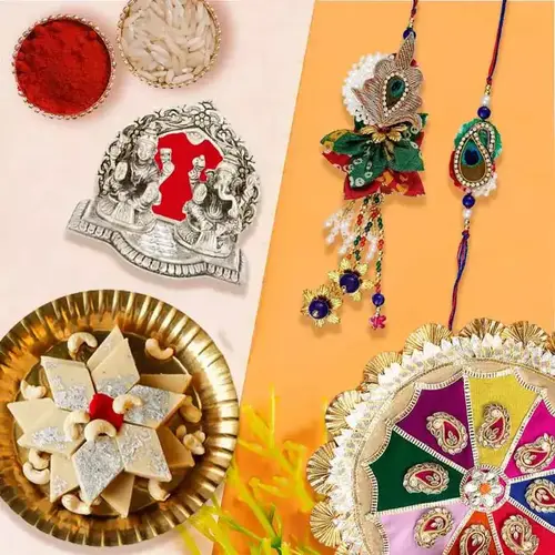 Bhaiya Bhabhi Rakhi with Ganesh Laxmi Mandap, Thali N Kaju Katli