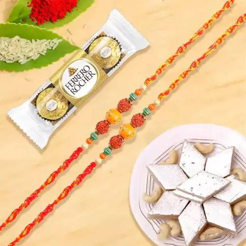 Rudraksha Rakhi with Ferrero Rocher N Kaju Katli