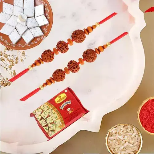 Kaju Katli with Haldirams Soan Papdi N Rudraksha Rakhi