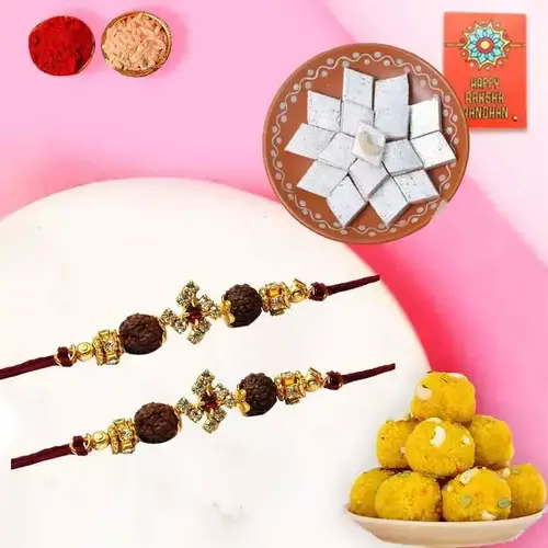 Boondi Ladoo with Kaju Katli N Rudraksha Rakhi