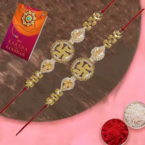 Attractive Swastik Rakhi Set of 2 with Free Roli Tika n Card