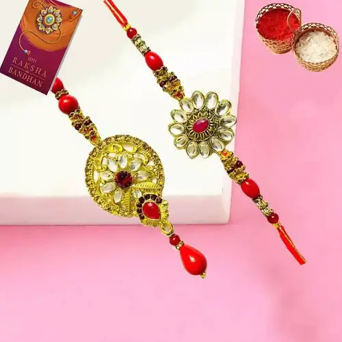 Vibrant-Hue Pearl n Stone Rakhi Lumba Set