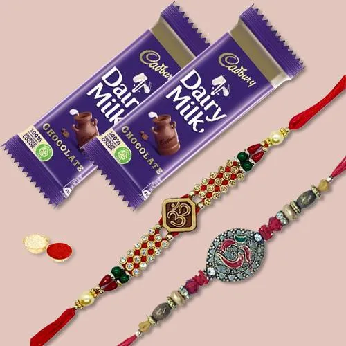 Ethnic Rakhi Set of 2 with 2 Chocolates, Roli Tika n Card