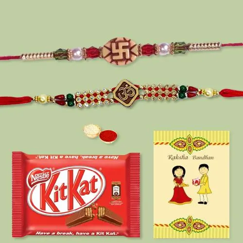 Traditional Set of 2 Rakhis with Kitkat Bar n Rakhi Card
