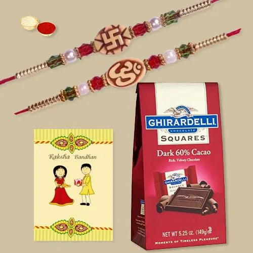 Fancy Rakhi Pair with Ghiradelli Chocolates, Roli Tika n Card