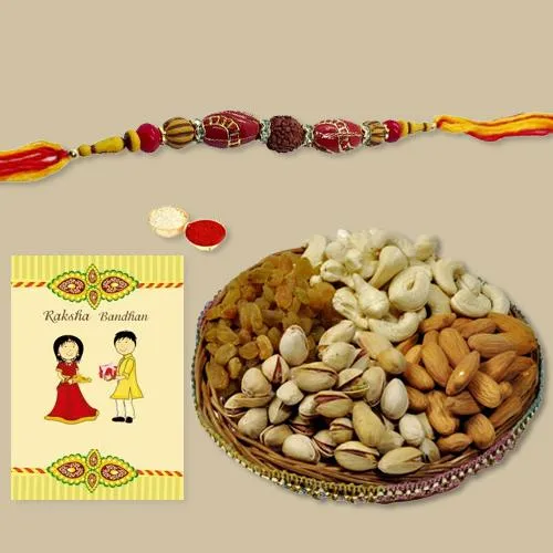 Ethnic Rakhi with Dry Fruits, Roli Chawal N Card