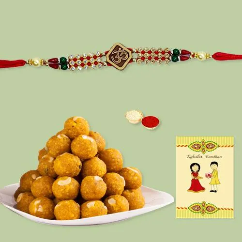 Traditional Rakhi with Boondi Ladoo, Roli Tika n Card