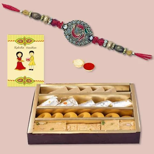 Designer Rakhi with Assorted Sweets, Roli Tilak n Card