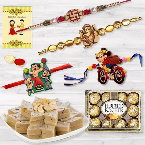 Ethnic Bhai Rakhi n Kids Rakhi with Kaju Katli n Ferrero Rocher