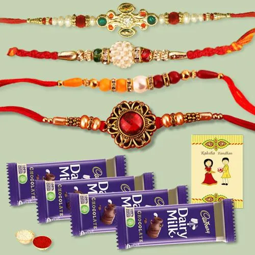 Gorgeous Set of 4 Jewel Rakhi with 4 Chocolates