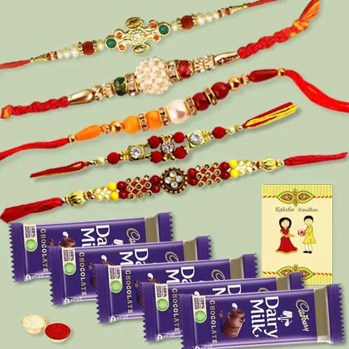 Charming Set of 5 Jewel Rakhi with 5pc Chocolates