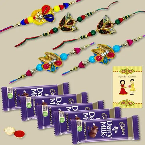 Graceful Set of 5 Zardozi Rakhi with 5pc Chocolates