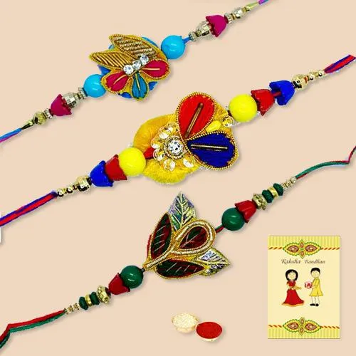 Graceful Set of 3 Zardosi Rakhi with Free Roli Chawal N Card