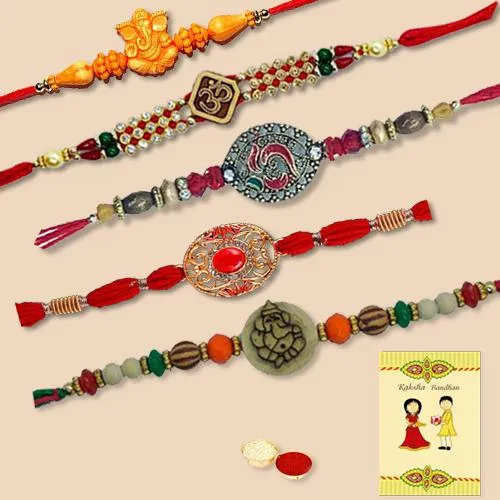 Ethnic Set of 5 Rakhis with Roli, Chawal n Card