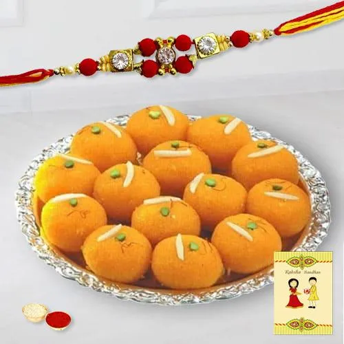 Designer Rakhi with Delicious Laddoo, Roli Tika N Card