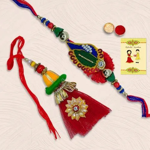 Exquisite Bhaiya Bhabhi Rakhi with Roli, Chawal n Card